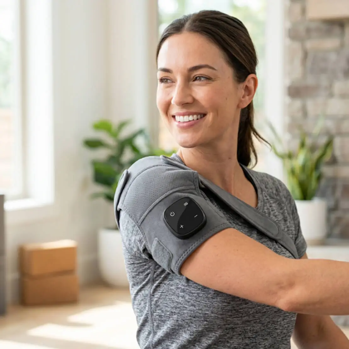 Smiling woman wearing shoulder massager